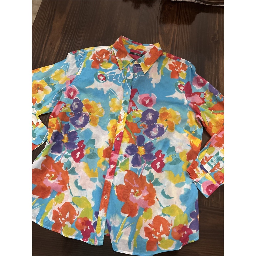 Lauren Ralph Lauren Womens Plus 14W Button Up Floral Shirt Long Sleeve Colorful